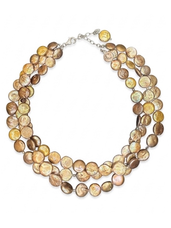 None Jewelry - 3-Strand Coin Pearl Necklace 925 Sterling Silver Clasp Gold Tone Freshwater Boho
